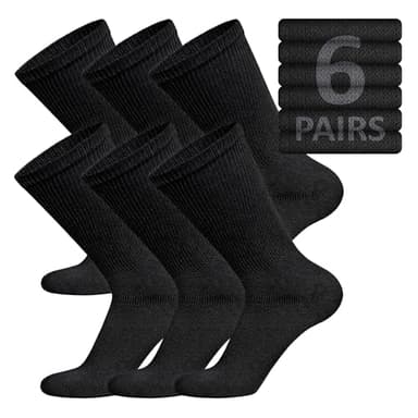 Brooklyn Socks - 6 Pairs of Cotton Diabetic Non-Binding Neuropathy Crew Socks (Black, Size 10-13)