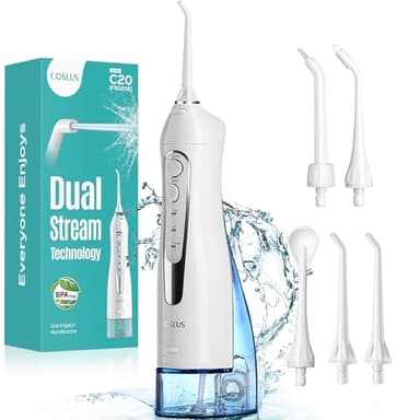 COSLUS Water Dental Flosser Teeth Pick C20: Portable Cordless Oral Irrigator 300ML Rechargeable Travel Irrigation Cleaner IPX7 Waterproof Electric Flossing Machine for Teeth Cleaning, White
