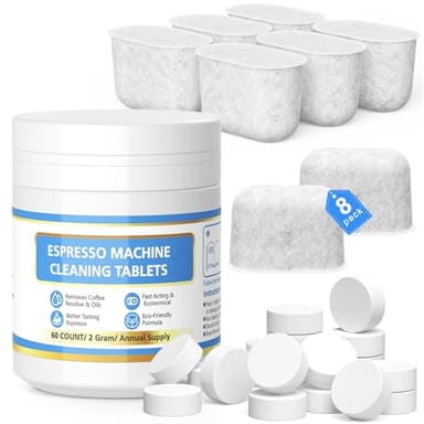 VILLAPOOL Cleaning Tablets and Water Filters for Breville Espresso Machines, Cleaning Kit for Breville - 60 Count 2g Espresso Machine Tablets and 8 Water Filters - 16 Months Supply