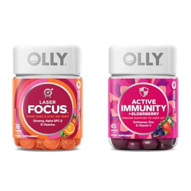 OLLY Laser Focus Ginseng Alpha GPC B Vitamins 36 Count & Active Immunity Elderberry 45 Gummies