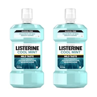 Listerine Cool Mint Alcohol-Free Mild Mouthwash, Oral Rinse Kills 99.9% of Germs That Cause Bad Breath, Less Intense Taste, Mild Mint Flavor, 1 L (Pack of 2)