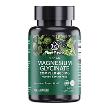 PlantFusion Vegan Magnesium Glycinate Complex 400 mg - High Absorption & Bioavailability - Chelated - Supports Muscle Relaxation, Sleep, Cardio Health, Stress Relief, and Energy Production - Non GMO