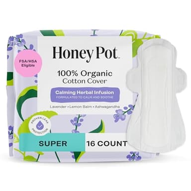 Honey Pot - Calming Herbal Super Sanitary Pads for Women - 100% Organic Cotton Top Sheet - Feminine Care - Non Cooling - Calming Herbs of Lavender, Ashwagandha, & Lemon Balm - 16ct