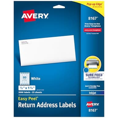 Avery Printable Return Address Labels with Sure Feed, 0.5" x 1.75", White, 2,000 Blank Mailing Labels (08167)