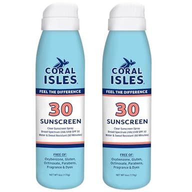 Coral Isles SPF 30 Sunscreen Spray - Hawaii Reef Safe Compliant - Oxybenzone & Octinoxate Free - Broad Spectrum UVA/UVB - Water & Sweat Resistant - 6 Fl Oz (Pack of 2)