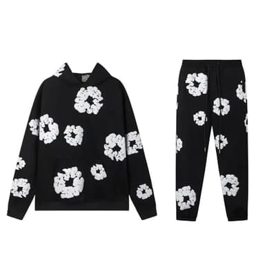 Y2K Graphic Flower Print Hoodie Sweatpants Set, Oversized 2 Piece Streetwear Tracksuit for Men Women, Casual Pullover Outfit (US, Alpha, Large, Black)