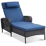 Belord Outdoor Chaise Lounge Patio Recliner - 75 Inch Adjustable Wicker Chaise Lounge with Soft Pillow Removable Cushions, All Weather Rattan Pool Lounge Chair for Poolside Deck Brown/Blue