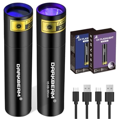 DARKBEAM UV Flashlight 365nm Light and 395nm Blacklight, Mini Powerful Woods Lamp USB-C Rechargeable, LED Ultraviolet Flashlights Pet Urine Detector for Rock, Uranium Glass, Resin Curing, 2 Pack
