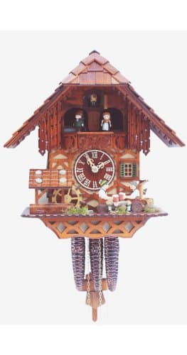 Rombach & Haas Cuckoo Clock Black Forest House with Moving Beer Drinker and Mill Wheel