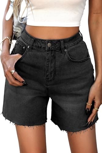 ELLEVEN Denim Jean Shorts Womens High Waisted Long Mom Shorts Straight Leg Raw Hem Stretchy Bermuda Mid Jorts Woman Mujer Causal Summer 5 Inch Inseam Black Denim Medium