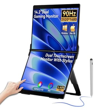 EHOMEWEI X2 Air 2.5K Portable Dual Touchscreen Monitor with Stylus Pen 90Hz 14.2“*2 IPS 2520 * 1680, 400 Nit Brightness, 100% sRGB, for Office/Home/Travel, for Mac/Laptop/Smartphone Extender Screen