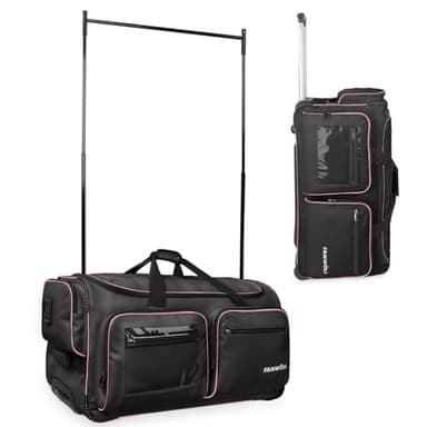 Fanwoli 28" Dance Bag with Garment Rack | Upgraded Stable System & Fabric | More Lightweight & Wear-Resistant | Ideal Competition Rolling Duffle Bag | Black/Pink Trim