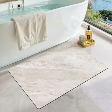 LUMI Ultra Thin Bath Mat, Super Absorbent Quick Dry Bathroom Rugs, Non-Slip Bathroom Mats, Marble Bathmats Fit Under Door, Bathtub, Sink, Shower Room, 17"x30", White Jade