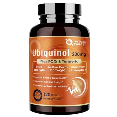 NATURE TARGET Ubiquinol CoQ10 200mg softgels with PQQ & Turmeric, High Absorption Coenzyme Q10 Supplement with ALA & Black Pepper, Antioxidant for Heart & Brain Health, Energy Production, 120 Count