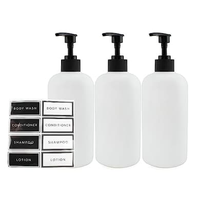 Cornucopia Brands Shower Pump Bottles (Set of 3, White); 16oz Plastic Pump Dispensers for Shampoo, Conditioner, and Body Wash