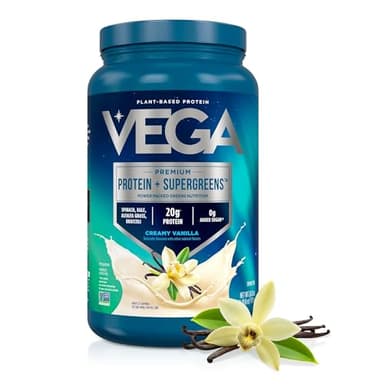 Vega Premium Protein + Supergreens - 20g Protein, Creamy Vanilla, 25 Servings, Spinach,Kale, Alfalfa Grass, Broccoli, 0g Added Sugar, Non-GMO, Gluten Free, Dairy Free, 1.68 lbs (Packaging May Vary)