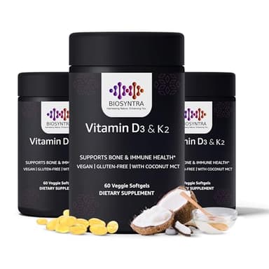 Biosyntra Vitamin D3+K2 with Coconut Oil - Vegan Vitamin D 5,000 IU & MK7 Vitamin K 110mcg for Bone, Heart & Immune Support, Non-GMO, Third Party Tested, Soy Free, High Absorption 60 Veggie Softgels