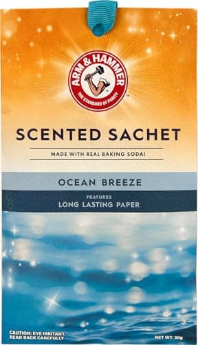 ARM & HAMMER 3 Pack Scented Sachets for Drawers & Closet with Hanging Ribbon, Real Baking Soda (Ocean Breeze)