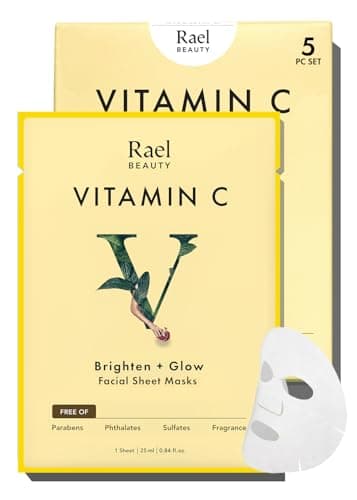 Rael Vitamin C Face Masks – Brighten + Glow with Pomegranate and Citrus Fruit Extract, All Skin Types, Korean Skin Care (5 Count)