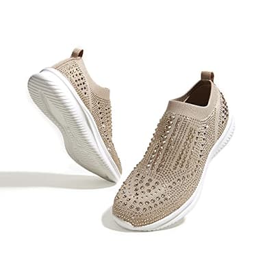 BELOS Women's Rhinestone Slip On Walking Shoes Breathable Mesh Knit Sock Shoes Fashion Comfortable Sparkly Sneaker (Beige,6)