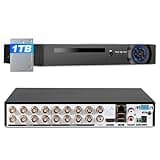 1080p 16 Channel Security Recorder DVR, Hybrid 6-in-1 Surveillance Digital Video Recorder for up tp 5MP AHD/TVI/CVI/CVBS/IP/XVI Camera, Human Detection, Remote Access(with 1TB Hard Drive)