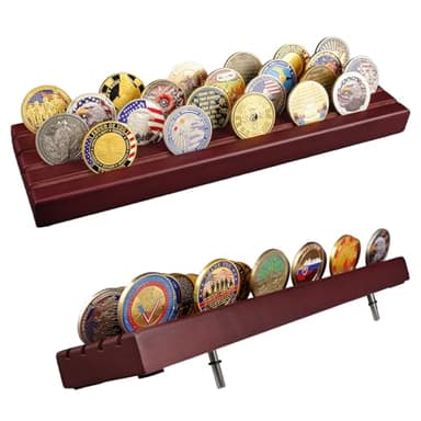 ASmileIndeep Military Challenge Coins Display Holder Solid Wood Challenge Coin Stand Holds 30 Coins 4 Row Military Coin Holder Rack for Desk,Challenge Coin Display Case for Collectors, Red