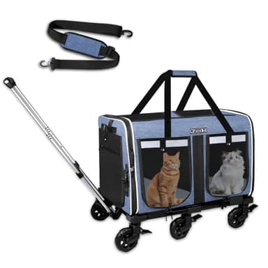 Petskd Extra Large Double Pet Carrier with Wheels for 2 Cats or a Medium Dog, 24" X 17" X 15" Soft-Sided Rolling Cat Carrier for Vet, Car Travel, and Home Use, Support up to 40 Lbs, Blue