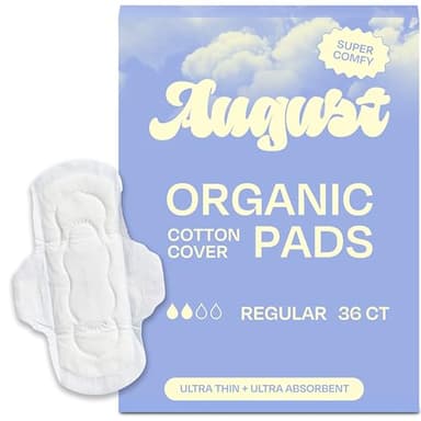 August Regular Cotton Menstrual Pads, 36-Pack Ultra Thin Pads with Wings, Hypoallergenic Sanitary Napkins with Organic Cotton Topsheet, Compostable Wrappers, Toxin Free, Fragrance Free