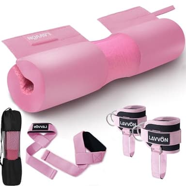 Barbell Squat Pad Set Nylon Padding AntiSlip- Thick Foam Barbell Pad for Squats Cushion,Lunges&Bar Padding for Hip Thrusts -Standard Weight Bar Pad -With Wrist Straps Weightlifting (Ankle-Pink)