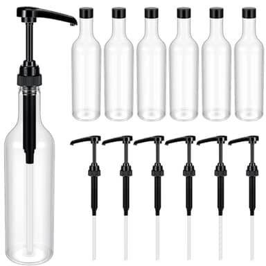 Maxdot 6 Pcs 25 oz Syrup Bottles with Pump Long Neck Bottles Plastic Syrup Pump Dispenser for Coffee Bar Accessories Home Party (Black)