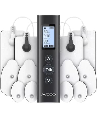 AVCOO 30 Modes TENS EMS Unit Compact Muscle Stimulator for Pain Relief of Back, Shoulder, Neck, Rechargeable & Portable Dual Channel EMS Muscle Stimulator with 30 Intensity Levels, 12 Electrode Pads
