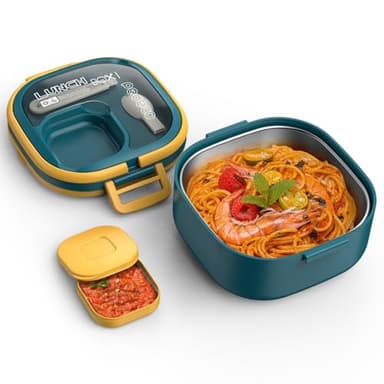 PEDECO Single-Layer Bento Lunch Box for Kids & Adults with Removable Stainless Steel Lunch Container,Dressing Container,BPA-Free,Dishwasher Safe - Includes Utensil(Blue,Non-Insulated)
