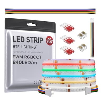 BTF-LIGHTING FCOB COB LED Strip RGBCCT Color Changing 16.4FT 840LED/m Flexible High Density Light RGB+CCT Tunable 3000K-6000K DC24V 12mm Width for Indoor Decor(No Adapter or Controller)