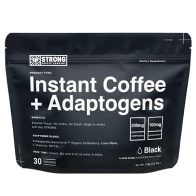 Strong Coffee Co. Instant Black Coffee | Premium Organic Coffee with Nootropics & Adaptogens, NeuroFactor®, L-Theanine, Ashwagandha, Reishi & MCT Oil | No Jitters, No Crash (1, 30 Servings)