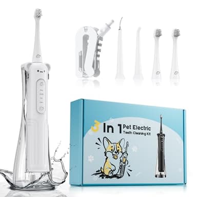 UNINGOPI Dog Tooth Brushing Kit, 3-in-1 Dog Electric Toothbrush with Water Flosser, Dog Teeth Cleaning Tools with 3 Modes, Deep Cleaning Kit for Dogs and Cats, IPX7, 1100mAh Battery, White