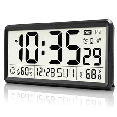 EASYERA 15'' Large Digital Wall Clock Battery Operated, Atomic Clock with Indoor Temperature and Humidity, Self-Setting with Auto DST, for Kitchen, Classroom, Living Room (Batteries Not Included)