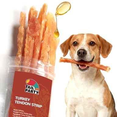 TailParty Turkey Tendons for Dogs with Fish Oil & Taurine, All Natural Dental Chews & Training Treats, Long Lasting Snack for Health-Conscious Pet Owners(Strip, 3 oz)