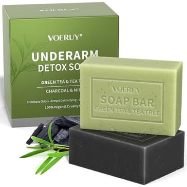Underarm Detox Soap, 2 Pcs Armpit Detox Soap with Green Tea & Tea Tree, Charcoal & Mint for Eliminating Odor, Exfoliating, Moisturizing , Bar Soaps for Legs, Knee, Feet, Hands Whole Body - 10 oz（280g）