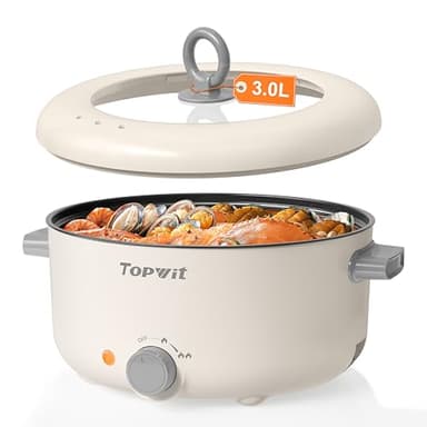 TOPWIT Electric Pot, 3L Hot Pot Electric, Rapid Noodles Cooker, Non-Stick Frying Pan, Multifunctional Electric Hot Pot for Steak, Egg, Ramen, Soup, Shabu Shabu Pot for Camping, RVs, Party, Beige