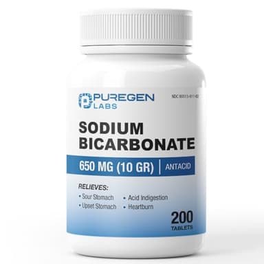 Puregen Labs Sodium Bicarbonate Tablets 650mg (10 Grains) - 200 Count | USP Grade Baking Soda Supplement, Natural Relief of Acid Indigestion, Heartburn, Sour Stomach & Upset Stomach