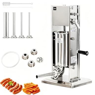 CTJ 11Lb/5L Sausage Stuffers 304 Stainless Steel Vertical Sausage Maker Two Speed Manual Sausage Filling and Spanish Churro Maker Machine with 4 Stuffing Tubes & Nozzle