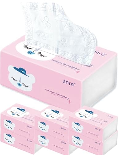 600 Pulls ZNRO Powder Free Lint Free Paper Facial Tissues Super Soft 4-Ply 6.1"x6.9",Hypoallergenic Skin Friendly,Made of Virgin Wood Pulp,4-Side Art Pattern Embossed,Compact Pink Plastic Packaging