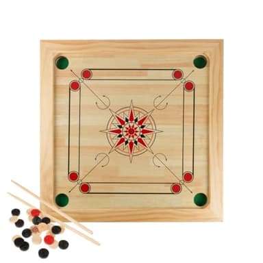 Carrom Board Game - Wooden Strike and Pocket Game Set with Group of Black and Beige Coins, 2 Red Queen Coins, Striker Coin, and Cue Sticks by Hey Play