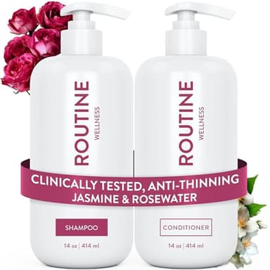Routine Wellness Anti-Thinning Shampoo and Conditioner Set for Thinning Hair - Biotin DHT Blocker Women & Men - Color Safe Shampoo for Hair Loss & Healthier Hair - Jasmine & Rosewater Set