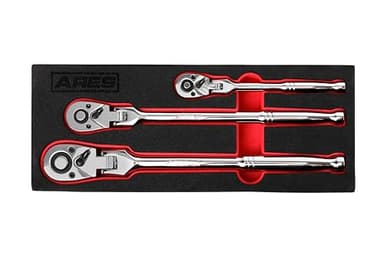 ARES 42028 - Flex Head Ratchet Set - 3-Piece 72-Tooth Ratchet - Premium Chrome Vanadium Steel Construction & Chrome Plated Finish - 72-Tooth Quick Release Reversible Design with 5 Degree Swing