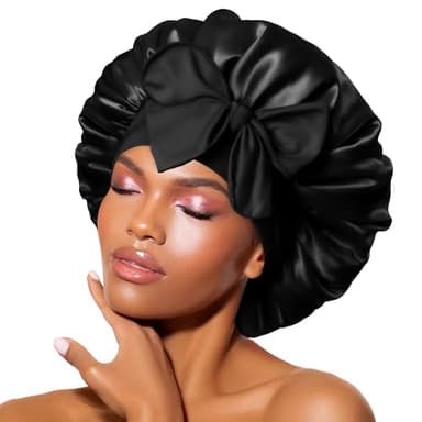 BONNET QUEEN Silk Bonnet for Sleeping Women Satin Bonnet Anti-Frizzy Night Sleep Cap Hair Wrap for Curly Hair with Adjustable Tie Band,Black