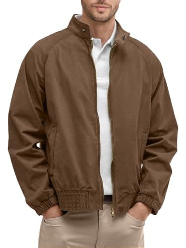 Comdecevis Men’s Bomber Jacket Lightweight Windproof Waterproof Windbreaker Stylish Harrington Zip Up for Travel Business Golf Brown M
