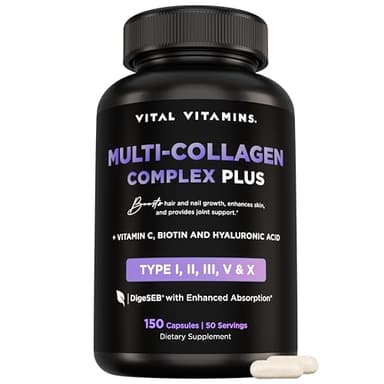 Vital Vitamins Multi Collagen Capsules with Biotin, Hyaluronic Acid, Vitamin C - Type I, II, III, V, X Peptides - Collagen Supplements for Men & Women - Hair, Skin, Nails Beauty Complex - 150 Count