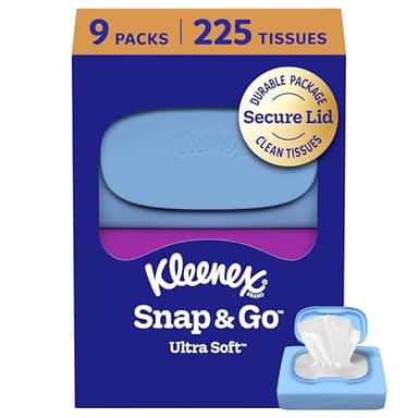 Kleenex Snap & Go Ultra Soft Facial Tissues, 9 On-the-Go Packs, 25 Tissues per Pack, 3-Ply, Packaging May Vary