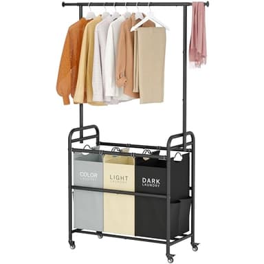 Tajsoon Laundry Sorter Cart with Hanging Clothes Rack, 3 Butler Sorter Basket Organizer, Laundry Hamper Cart with Heavy Duty Rolling Lockable Wheels, 3 Colors